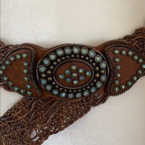 Vintage Leather Boho Belt with rhinestones XS-S